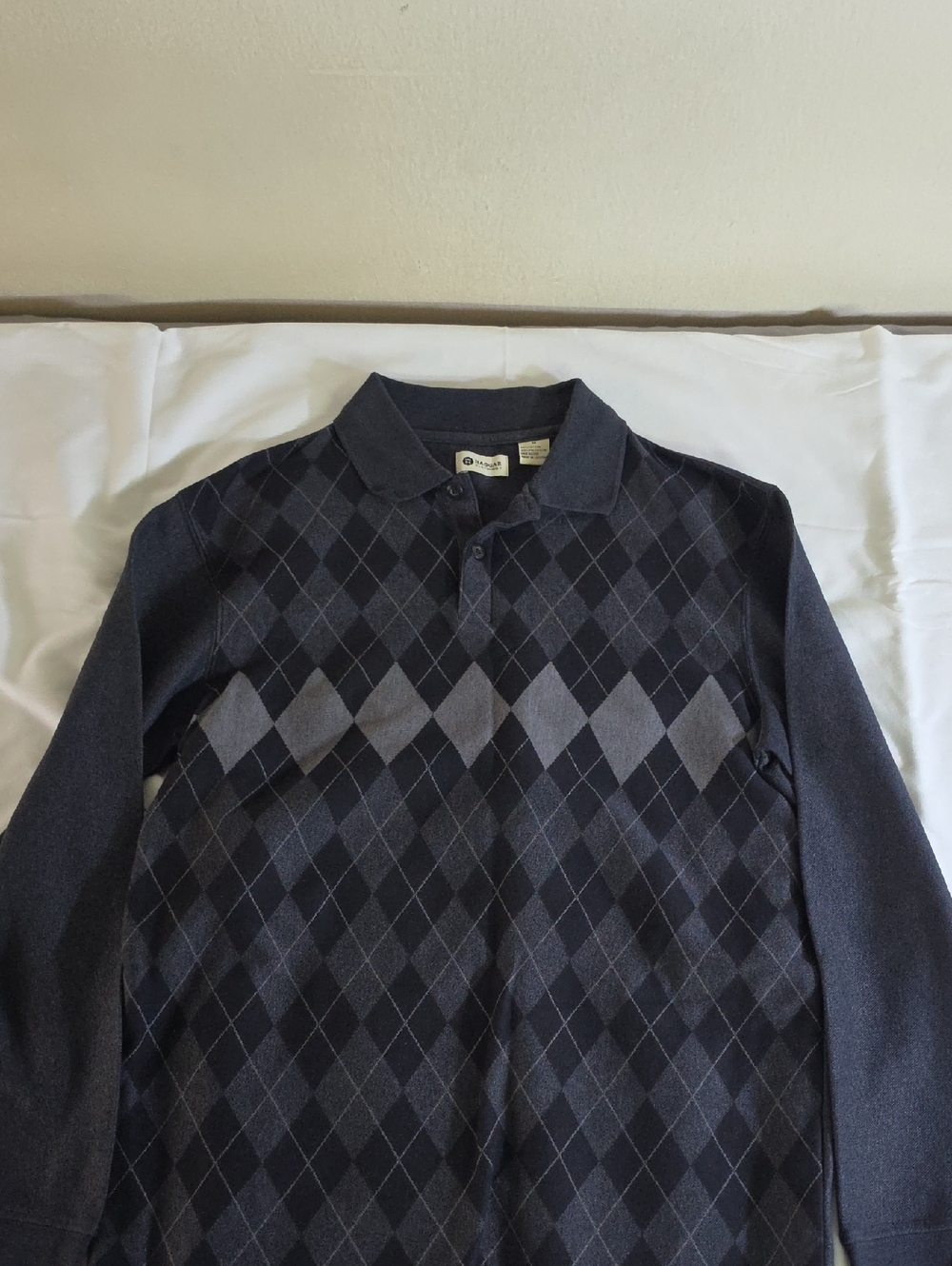 Haggar Men’s Navy and Gray Argyle Long-Sleeve Polo